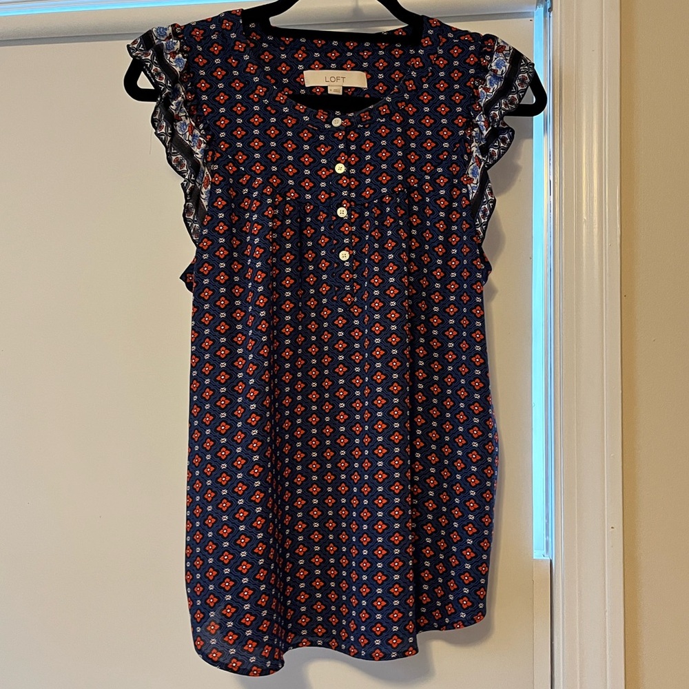 LOFT Navy and Red Floral Sleeveless Blouse